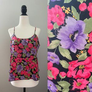 Vintage Satin Floral Tank Top 1980s Pink Purple Lingerie